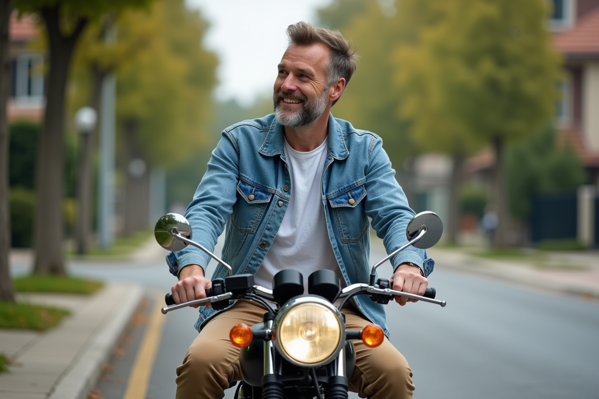 Homme en denim et khaki sur une moto Dax 125 en ville