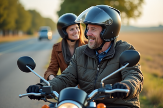 Homme en veste moto et casque parlant à une passagère souriante