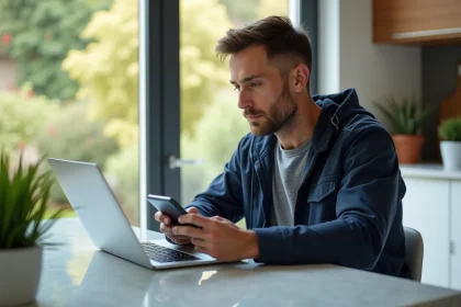 Homme concentr&eacute; comparant offres auto en cuisine