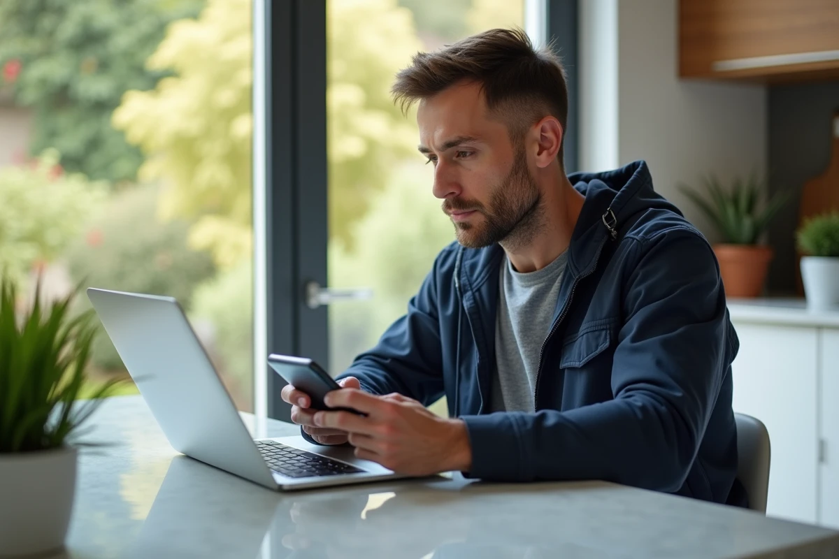 Homme concentré comparant offres auto en cuisine