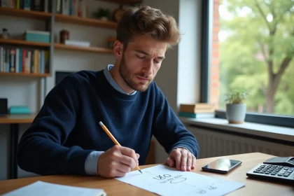 Jeune homme concentré à son bureau à domicile