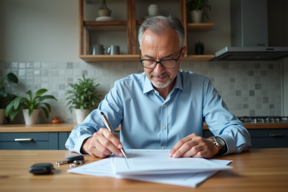 Homme d'âge moyen organisant des documents officiels à la maison