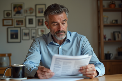 Homme en intérieur examine un document de conduite avec soulagement