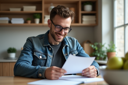Homme souriant examine des papiers dans une cuisine lumineuse