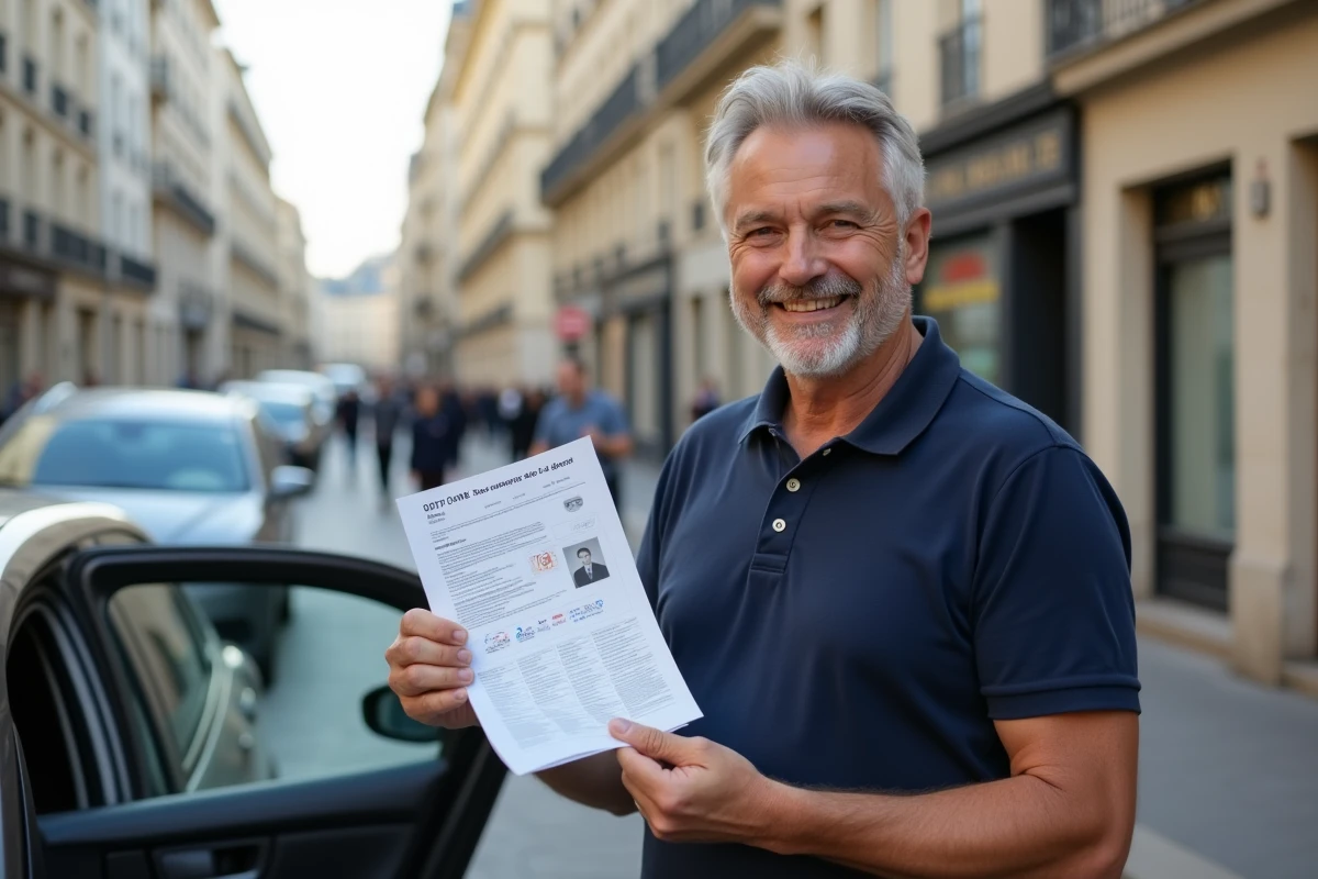 Homme soulagé tenant son permis de conduire après avoir récupéré ses points légalement dans la rue