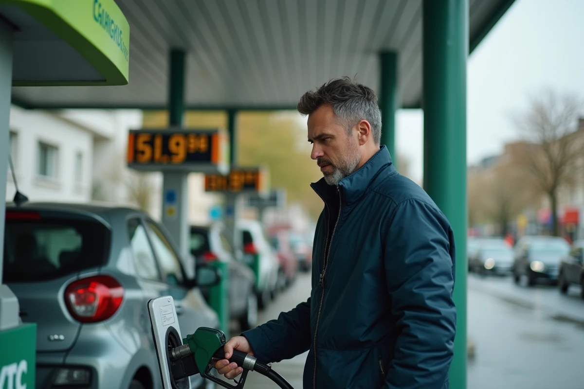 Homme faisant le plein de carburant à une station-service française, regardant le prix affiché sur la pompe à essence en 2026