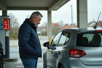 Homme faisant le plein d'essence à une station-service en comparant les prix au litre affiché