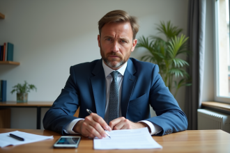 Homme d'âge moyen dans un bureau français avec lettre et smartphone