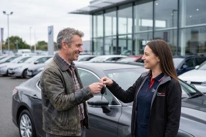 Homme souriant recevant les cl&eacute;s d'une voiture d'occasion