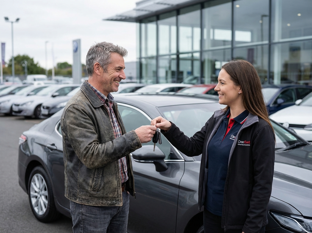 Homme souriant recevant les clés d'une voiture d'occasion