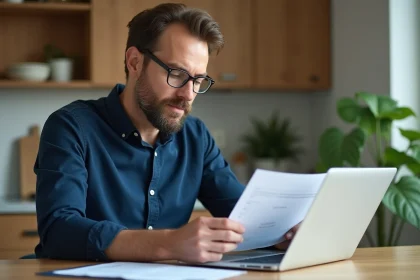 Homme en revue de documents dans une cuisine moderne