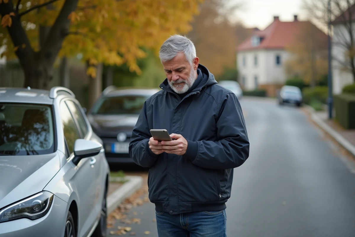 Homme utilisant son smartphone pour changer d'assurance auto devant sa voiture