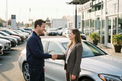 Homme souriant serrant la main d'une vendeuse devant une voiture d'occasion
