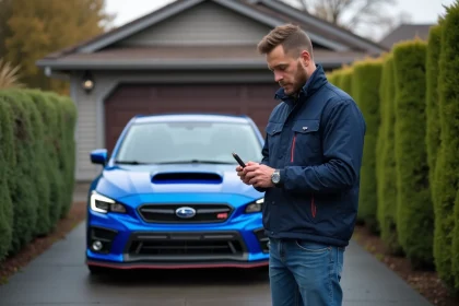 Homme examinant une pi&egrave;ce performance pr&egrave;s d'une Subaru WRX