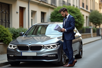 Homme en costume près d'une BMW avec documents