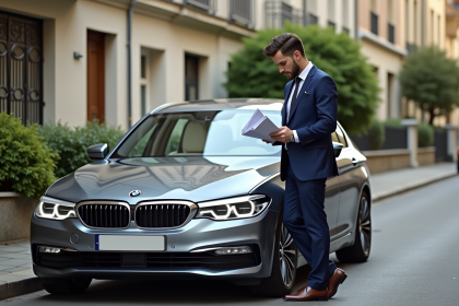 Homme en costume près d'une BMW avec documents