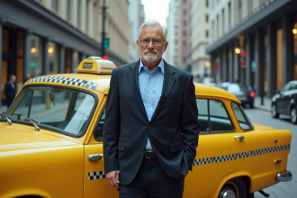 Homme en costume ouvrant la porte d'un taxi jaune en ville