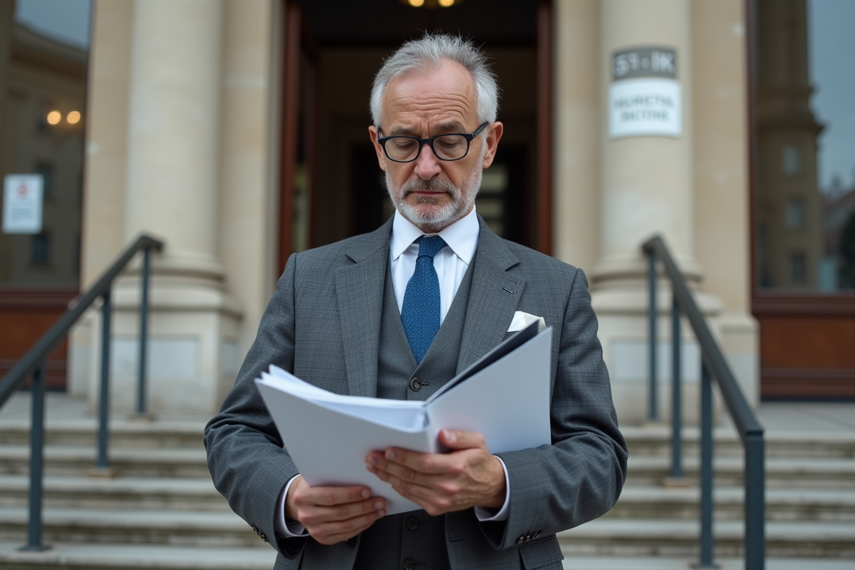 Homme en costume vérifiant des documents devant un bâtiment municipal