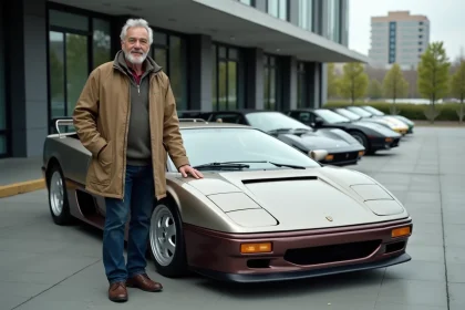 Homme argenté et vintage près d'une McLaren F1 moderne