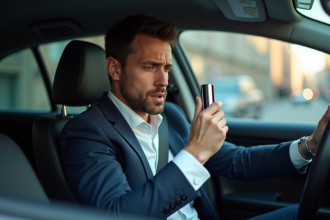 Homme en voiture avec alcootest en main regard inquiet