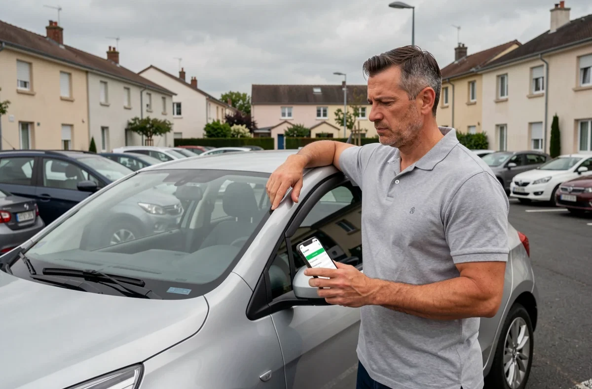 Homme debout à côté de sa voiture consultant une application de comparaison d'assurance auto sur smartphone