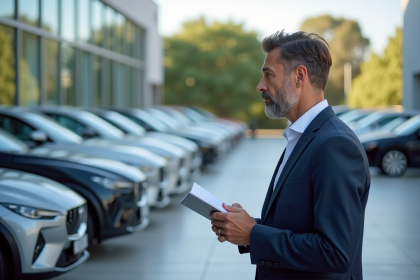 Homme élégant examinant une voiture neuve 2025