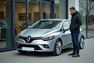 Homme examine une Clio 5 devant un concessionnaire moderne