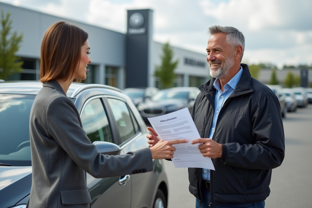 Homme discute avec vendeur devant une voiture neuve