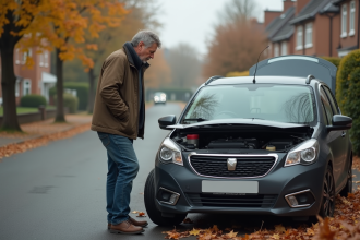 Homme d'âge moyen vérifiant le moteur de sa voiture en automne