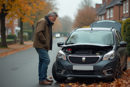 Homme d'&acirc;ge moyen v&eacute;rifiant le moteur de sa voiture en automne