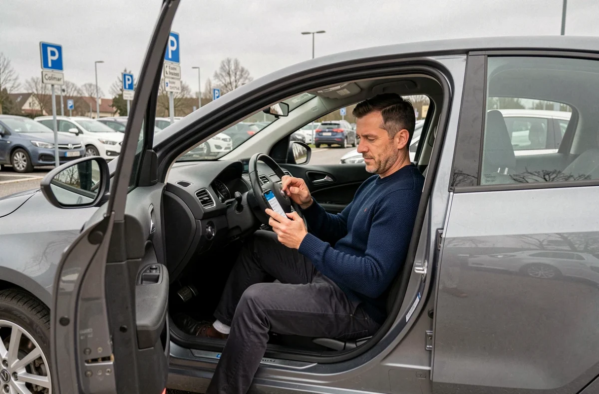 Homme assis dans sa voiture dans un parking de Colmar, consultant l'application EasyPark sur son téléphone pour payer son stationnement