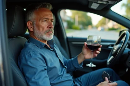 Homme d'âge moyen dans la voiture avec verre de vin