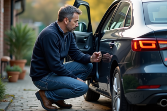 Homme regardant le tableau de bord d'une voiture moderne