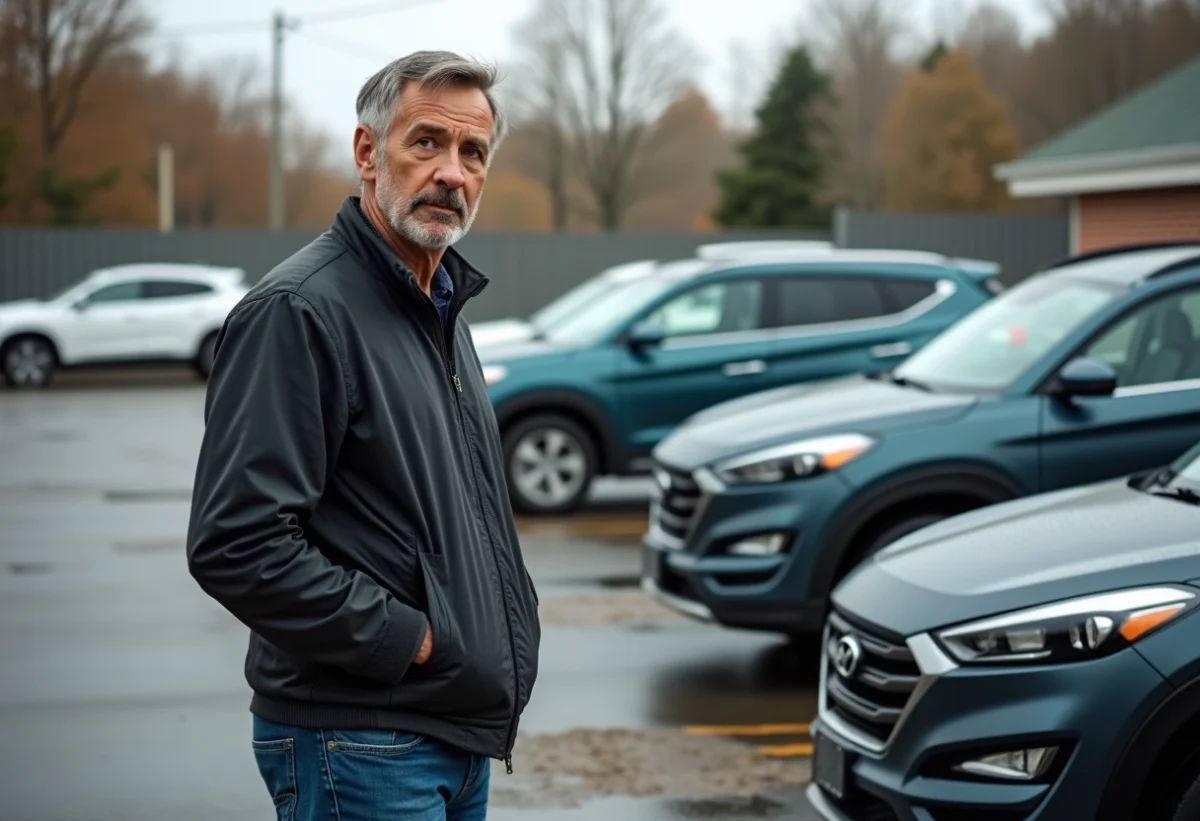 Homme inspectant une voiture d'occasion en lot suburbain