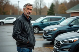 Homme inspectant une voiture d'occasion en lot suburbain
