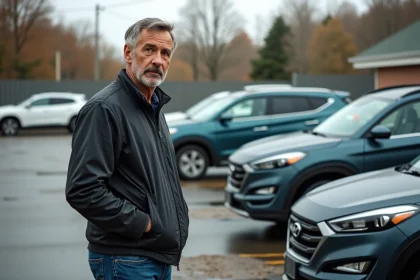 Homme inspectant une voiture d'occasion en lot suburbain