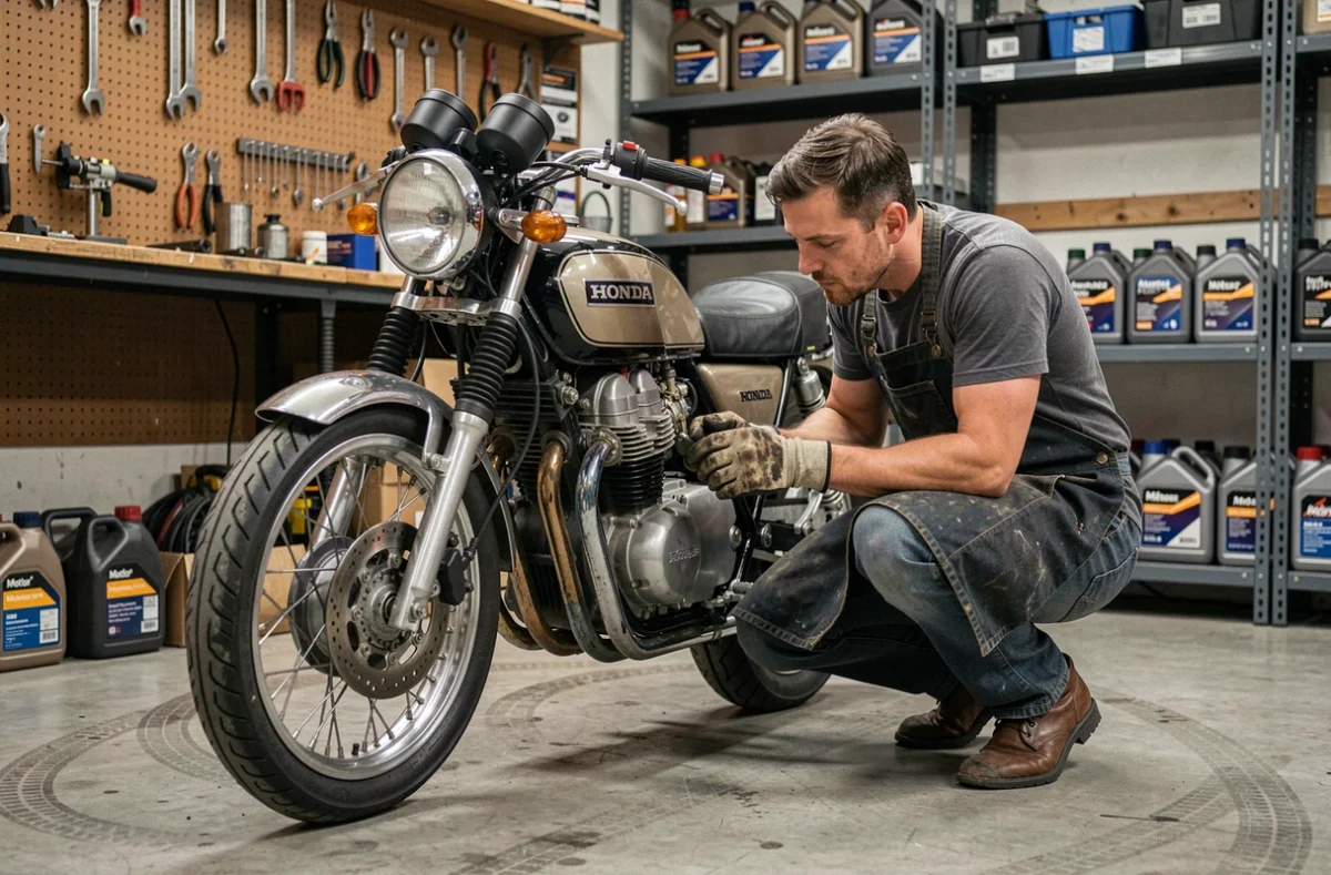 Mécanicien inspectant les carburateurs d'une Honda CB750 dans un atelier de moto bien équipé, ambiance garage vintage authentique