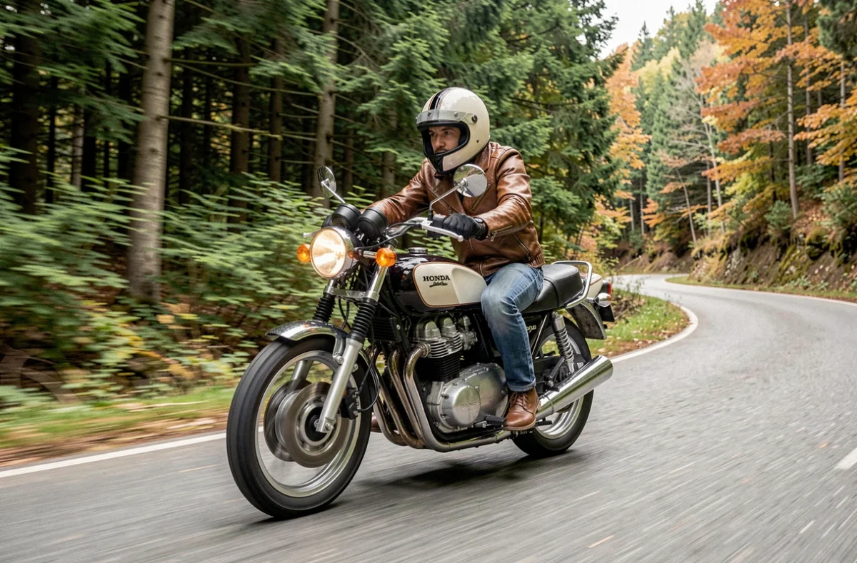 Rider sur une Honda CB750 en virage sur une route forestière sinueuse en automne, photo dynamique en contre-plongée latérale style magazine moto vintage