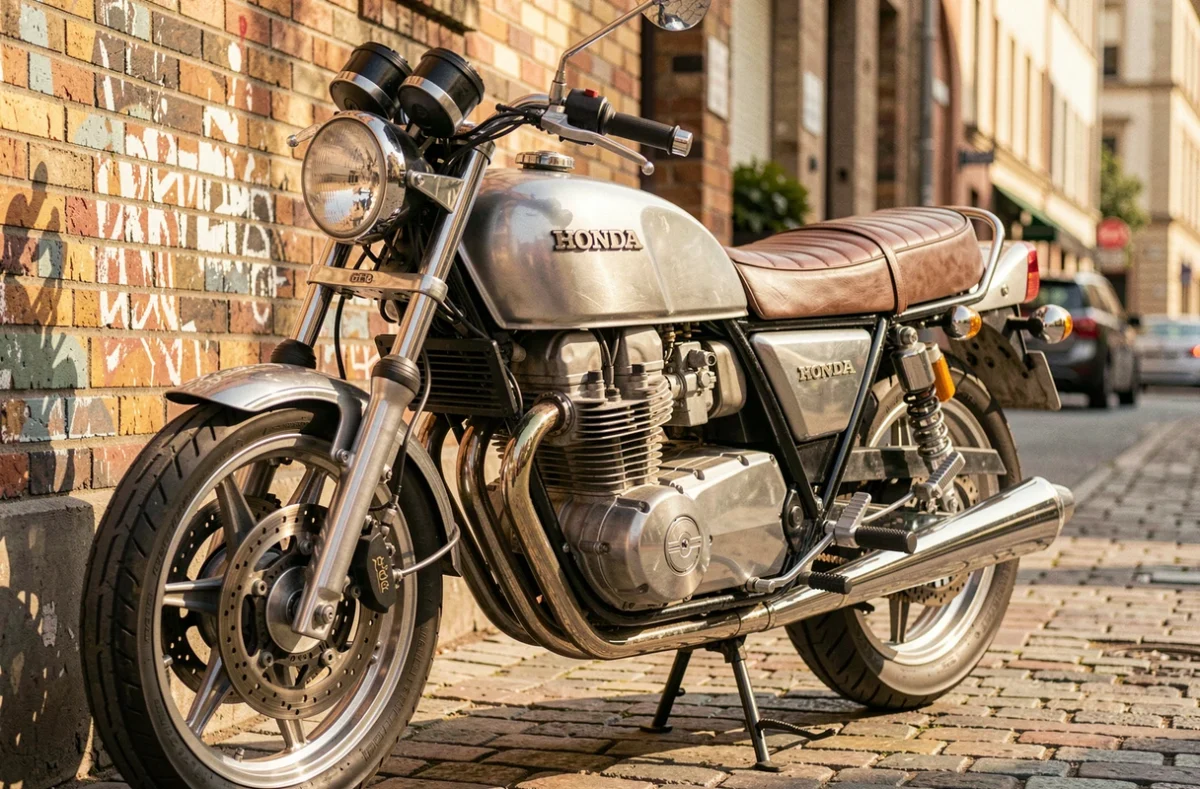 Honda CB750 classique garée dans une rue urbaine avec mur en briques, vue trois quarts avant mettant en valeur le moteur quatre cylindres emblématique