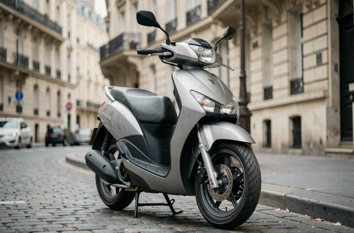 Honda Forza 125 garé sur un trottoir parisien, vue avant trois-quarts, reflets urbains sur la carrosserie argentée