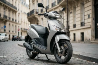 Honda Forza 125 garé sur un trottoir parisien, vue avant trois-quarts, reflets urbains sur la carrosserie argentée