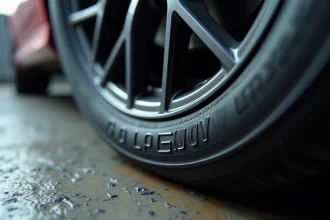 Gros plan sur le flanc d'un pneu avec l'indice de vitesse T visible en relief sur le caoutchouc noir