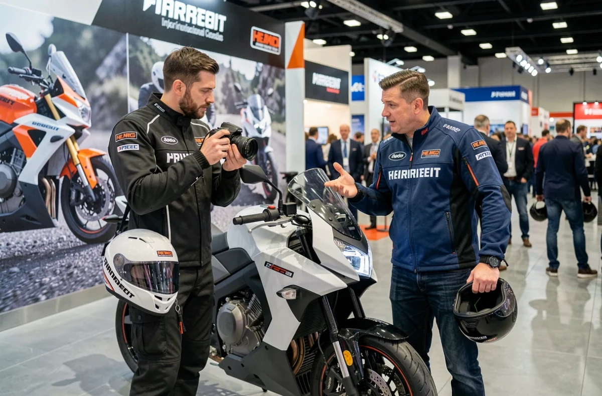 Deux influenceurs moto discutant d'une moto électrique prototype au salon EICMA 2026