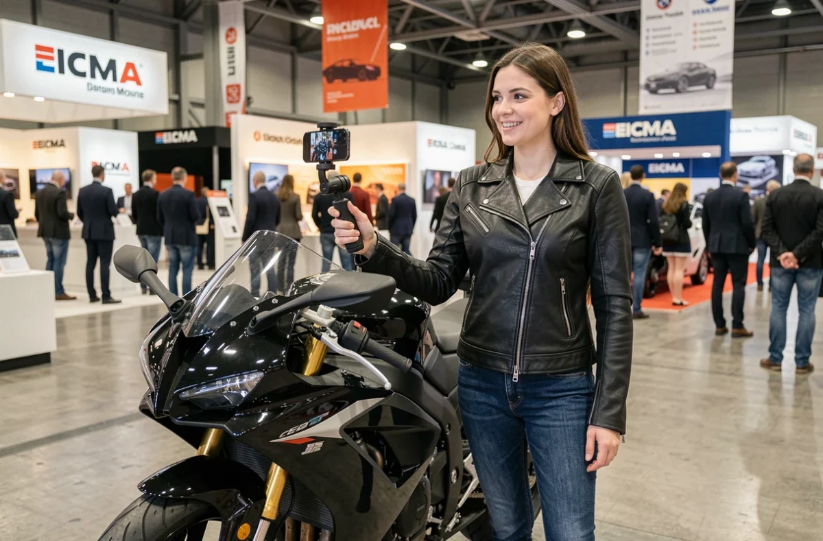 Influenceuse moto filmant du contenu avec son smartphone au salon EICMA devant une moto sportive