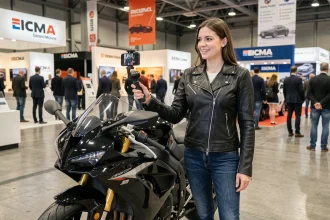 Influenceuse moto filmant du contenu avec son smartphone au salon EICMA devant une moto sportive