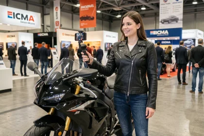 Influenceuse moto filmant du contenu avec son smartphone au salon EICMA devant une moto sportive