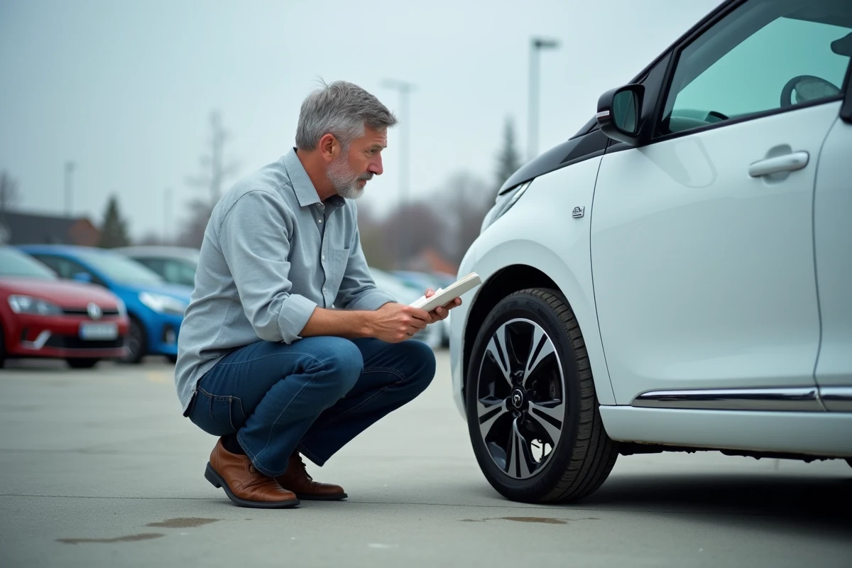 Journaliste automobile inspectant une Citroën compacte blanche dans un parking de concessionnaire pour évaluer son économie à l'usage