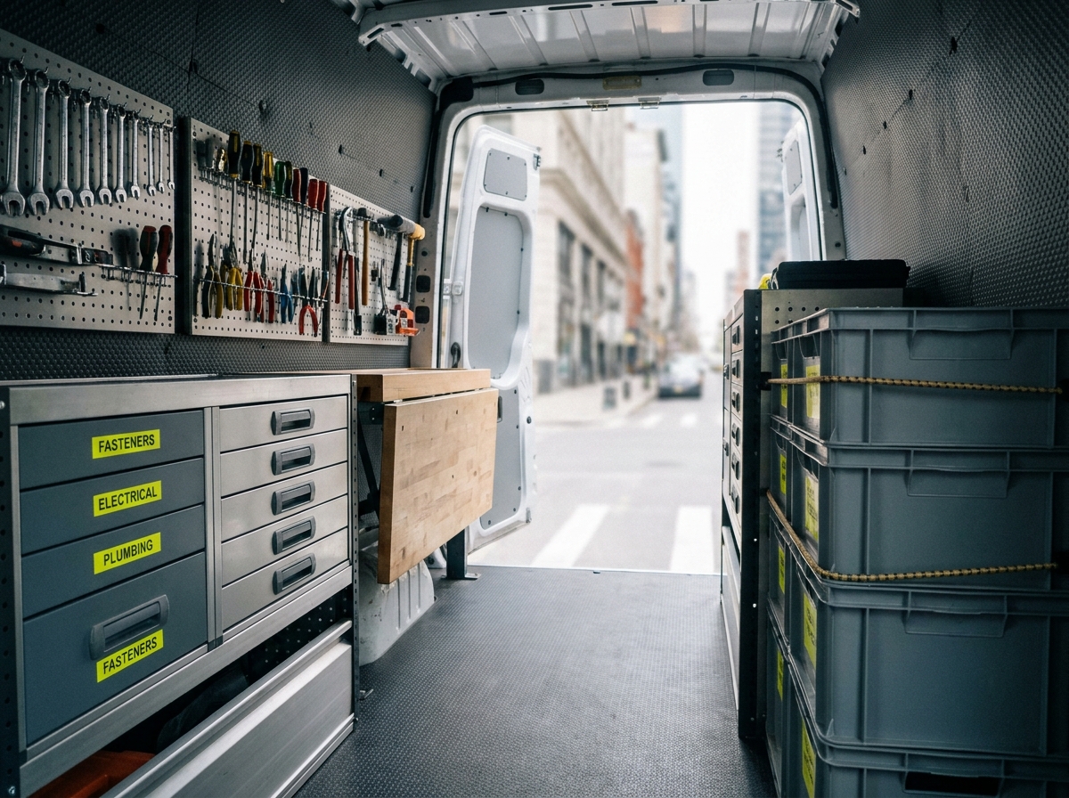Intérieur d'un fourgon professionnel aménagé avec tiroirs métalliques, panneau à outils et bacs de rangement étiquetés pour optimiser l'espace