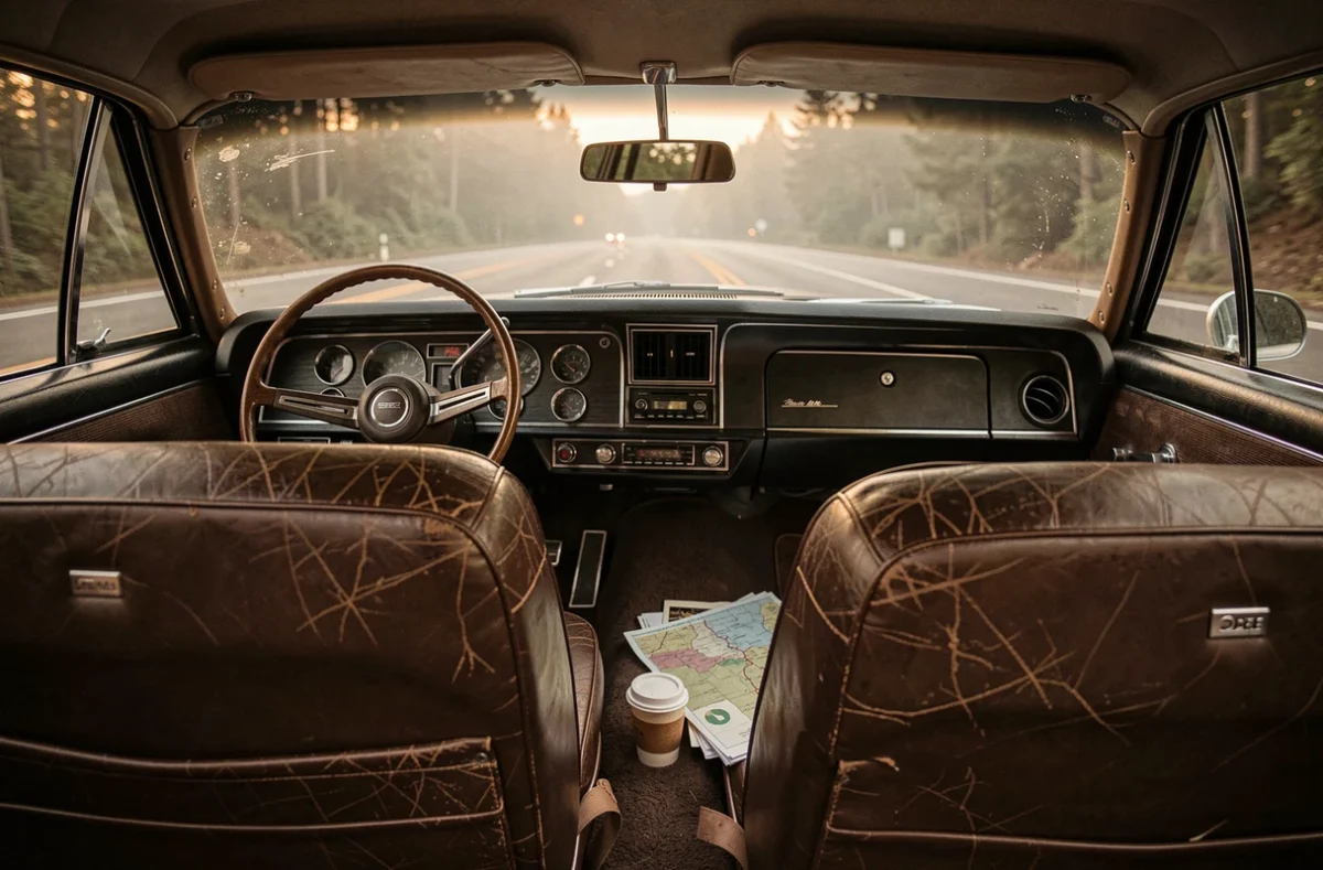 Intérieur vintage de la Chevrolet Impala de Supernatural avec tableau de bord rétro et cartes routières