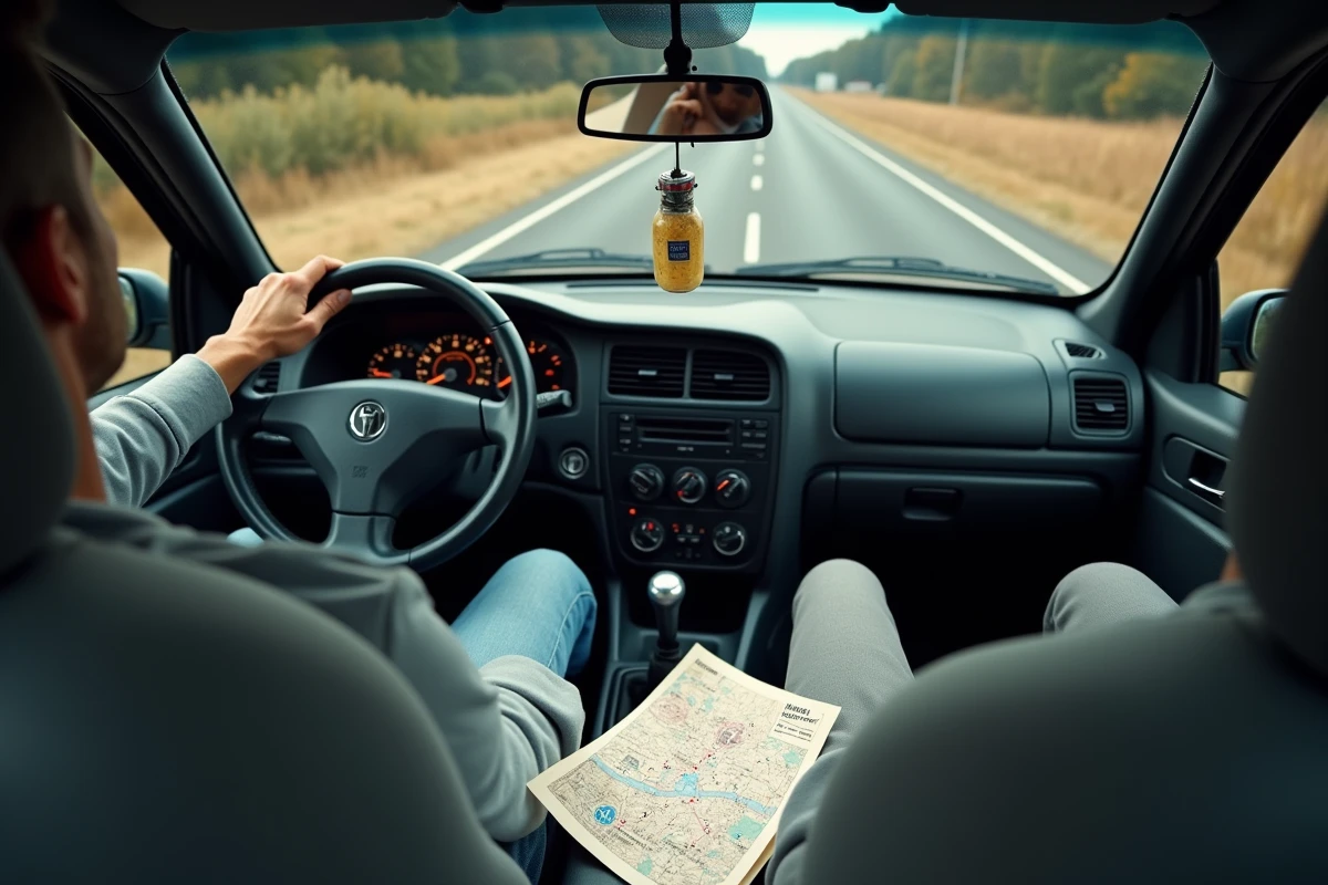 Vue intérieure d'une voiture avec jauge d'essence basse et comparaison de prix de carburant notée sur papier